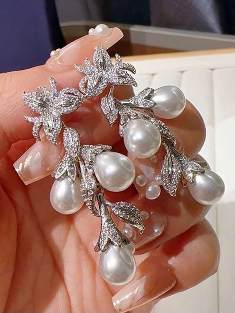 Pearl Drop Floral Earrings - Silver and White